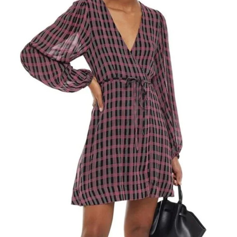 GANNI pink black plaid wrap dress with sleeves